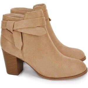 Women Light CoffeeSynthetic Tie Knot Stacked Heel Chelsea Pump Ankle Boots Shoes